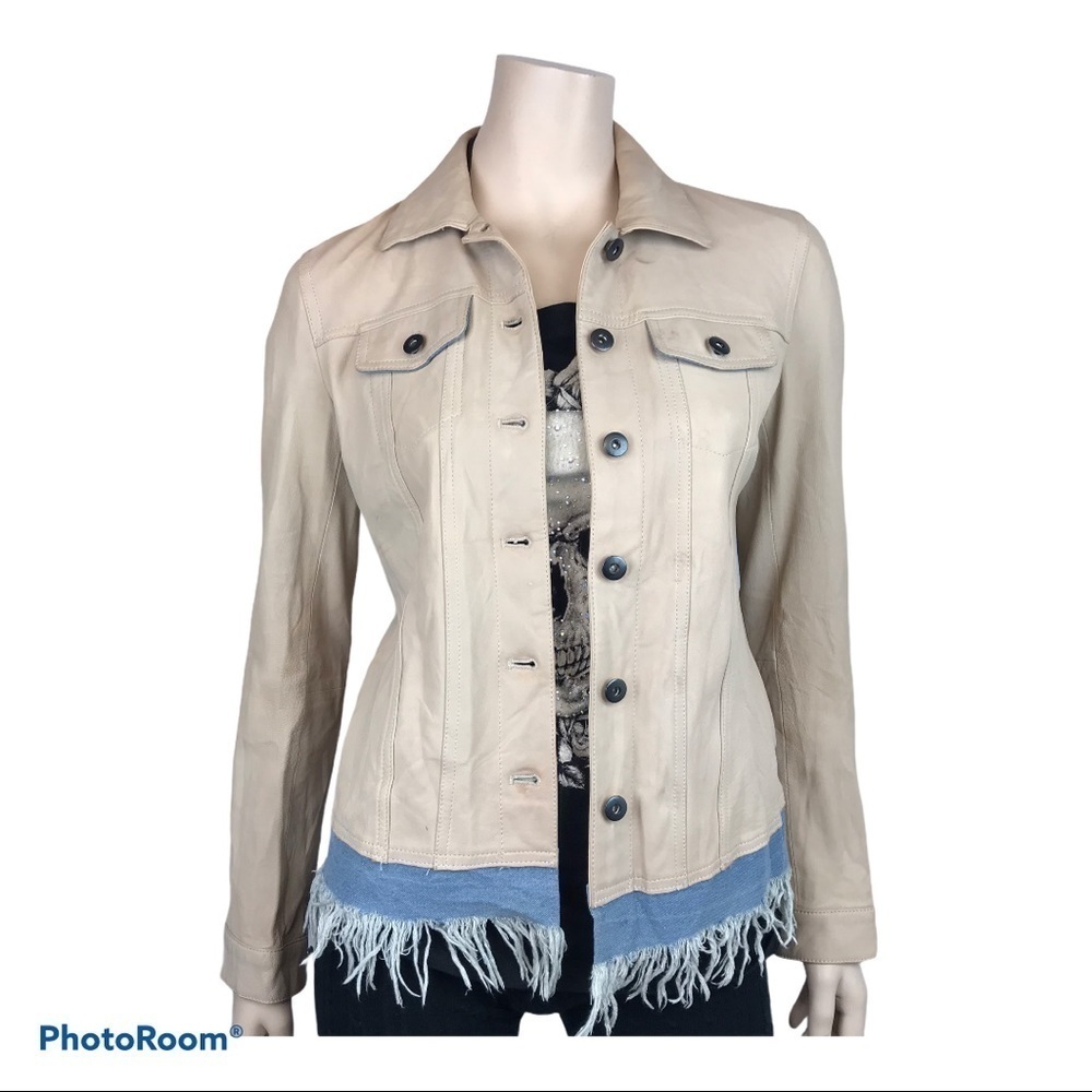 June Women's Tan Leather Jacket with Denim Trim